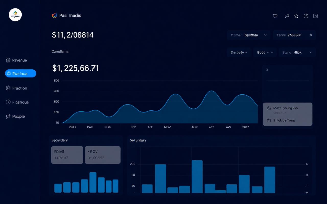 Revenue dashboard showing $1.2M / month run-rate and ROAS curve
